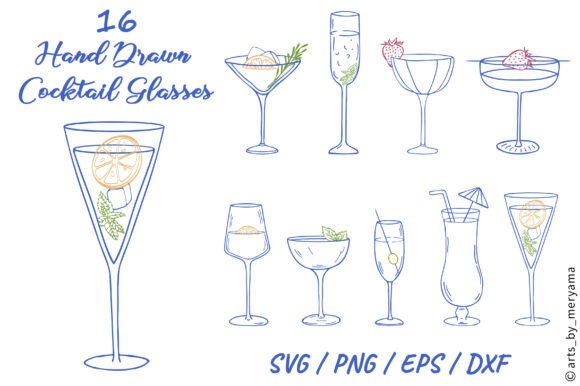 16 Hand Drawn Cocktails: Cocktail Glasses for Creative Projects
