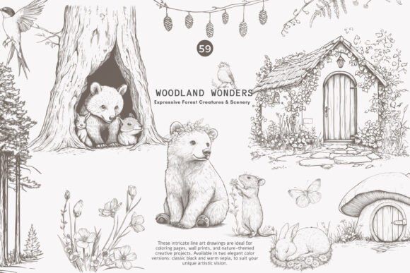 Timeless Woodland Charm: Antique Clipart Graphite Illustrations