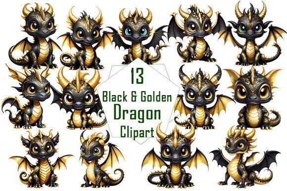Unleash Mythical Power with Black & Golden Dragon Clipart